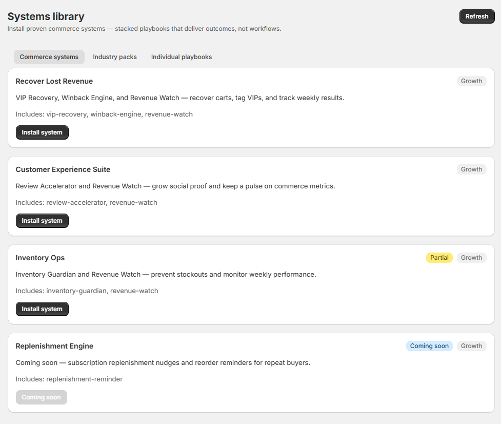 Systems library with tier badges and install confirmation