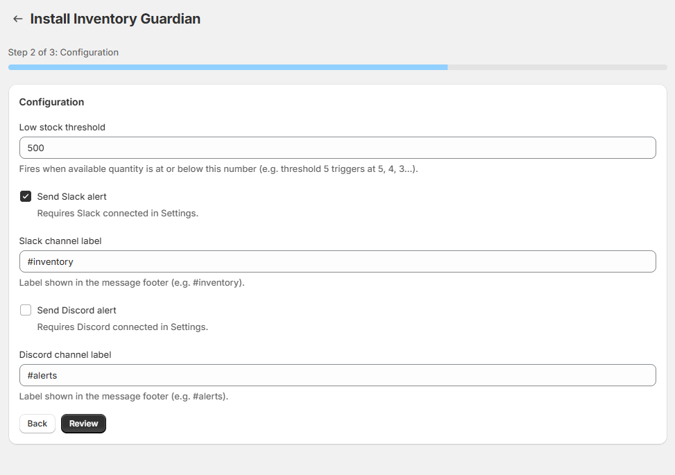 Install wizard review step with team alert preview