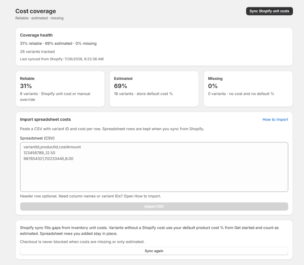 Cost coverage showing known, estimated, and missing product costs