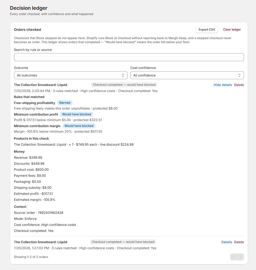 Decision ledger con etiquetas de confianza y una tarjeta de pedido