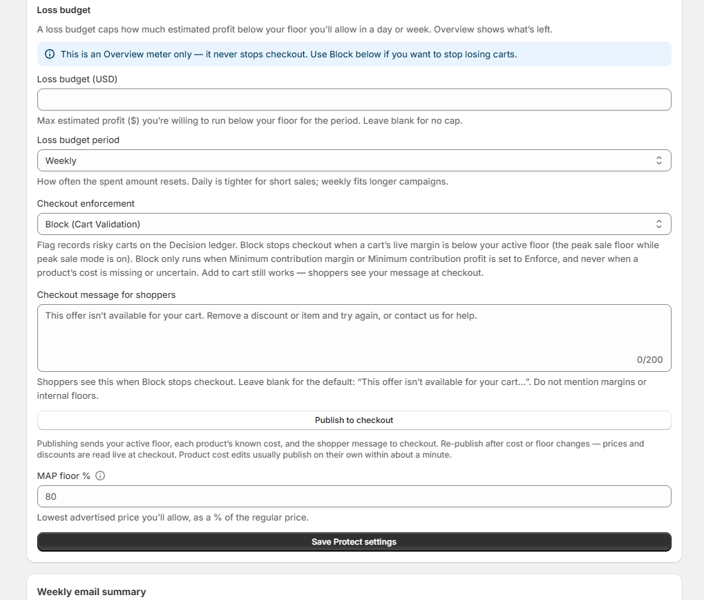 Settings Protect controls with Block and checkout message for shoppers