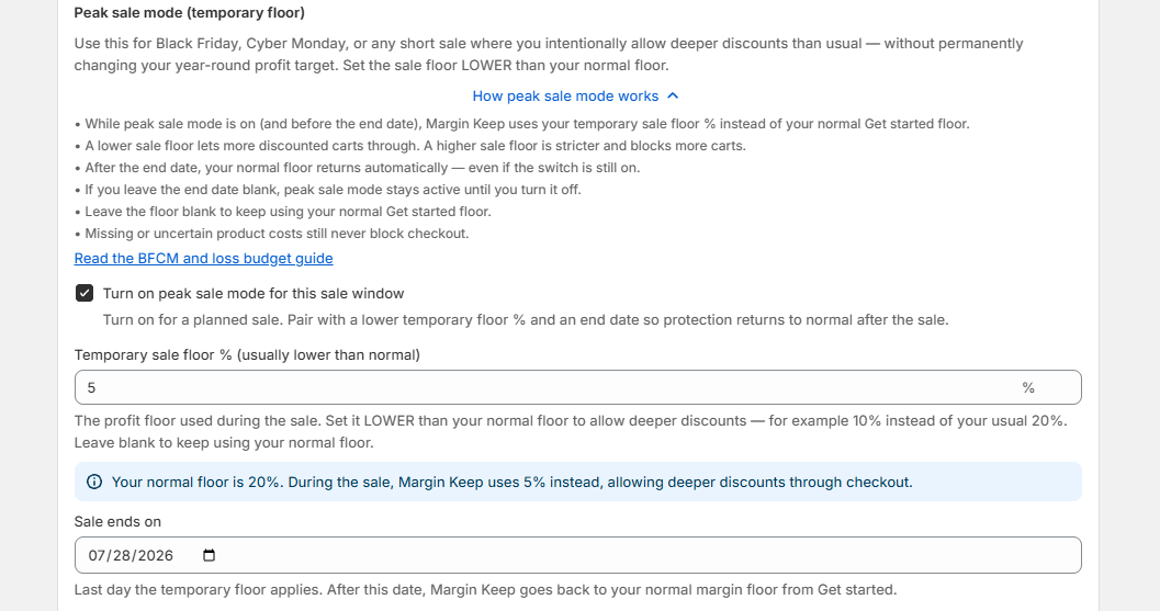Settings Peak sale with BFCM floor, end date, and loss budget